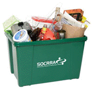 A green recycling bin which reads, "SOCRRA."